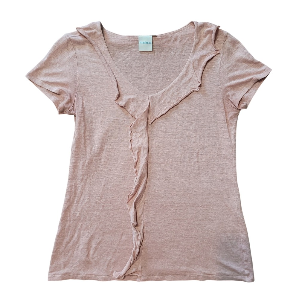 Sundance Women S Top Pink 100% Linen Ruffle Front Short Sleeve‎ V-Neck Portugal